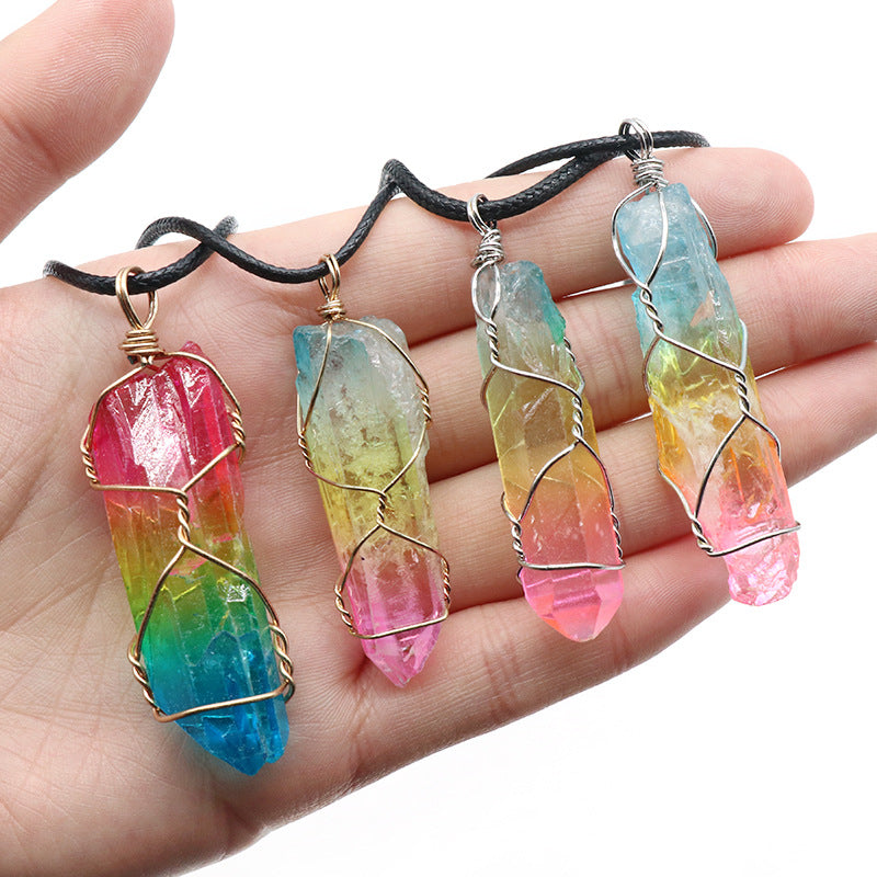 Rainbow Crystal Tree of Life Pendant Necklace - Natural Stone Wire Wrapped Healing Jewelry