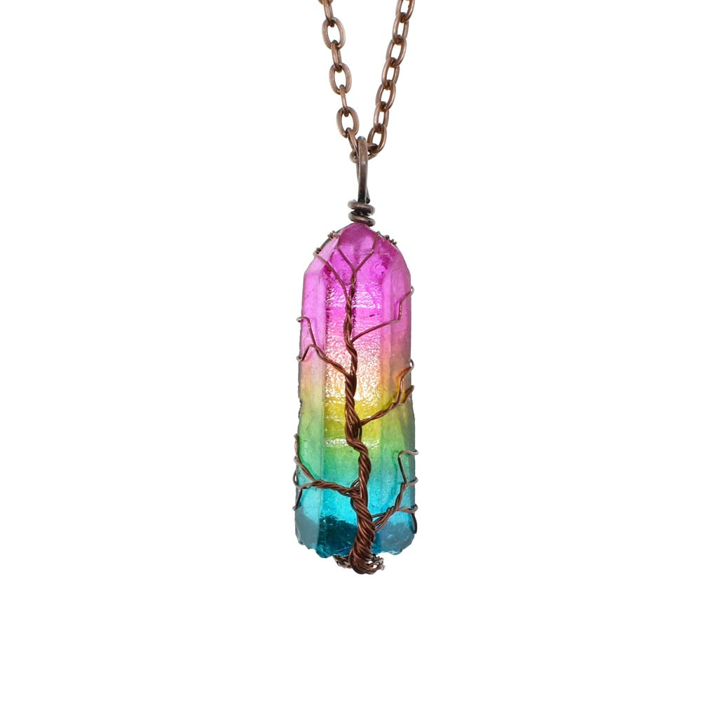 Rainbow Crystal Tree of Life Pendant Necklace - Natural Stone Wire Wrapped Healing Jewelry