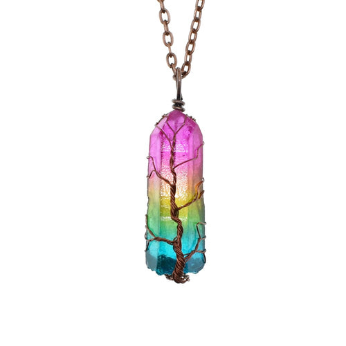 Rainbow Crystal Tree of Life Pendant Necklace - Natural Stone Wire Wrapped Healing Jewelry