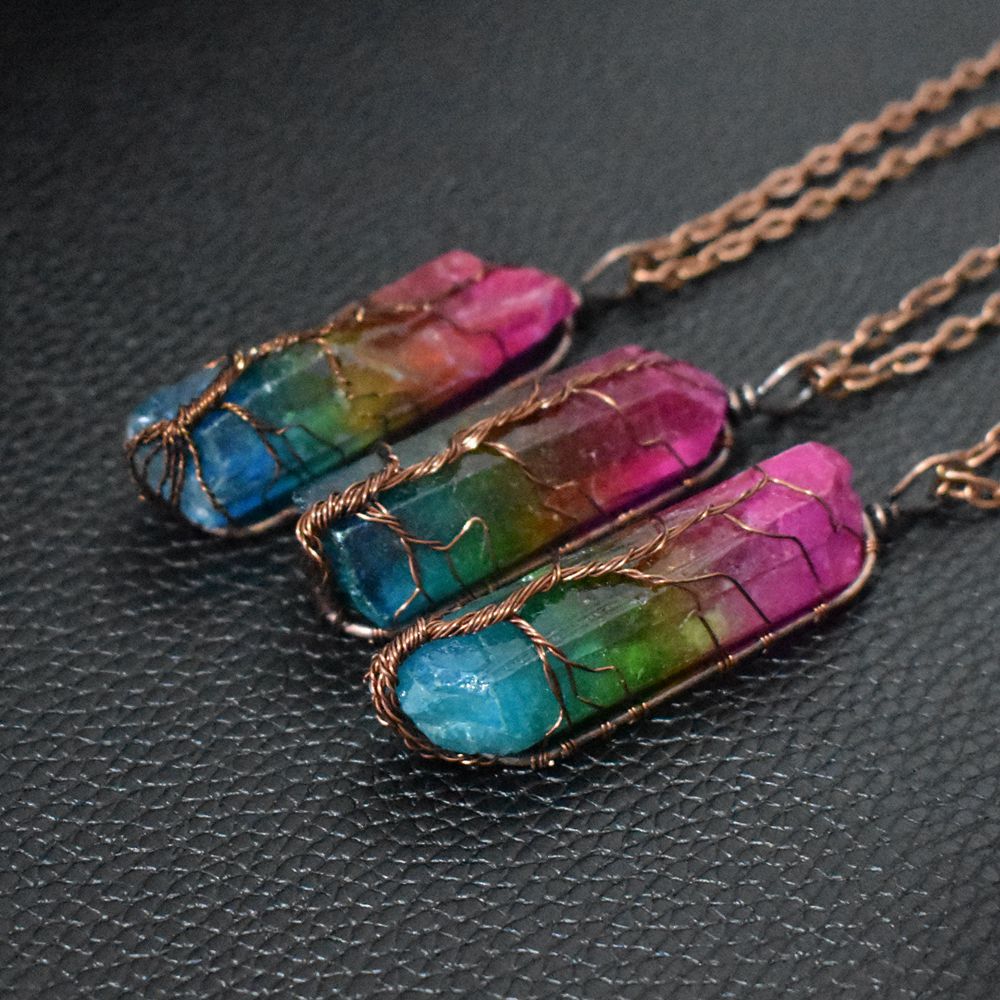 Rainbow Crystal Tree of Life Pendant Necklace - Natural Stone Wire Wrapped Healing Jewelry